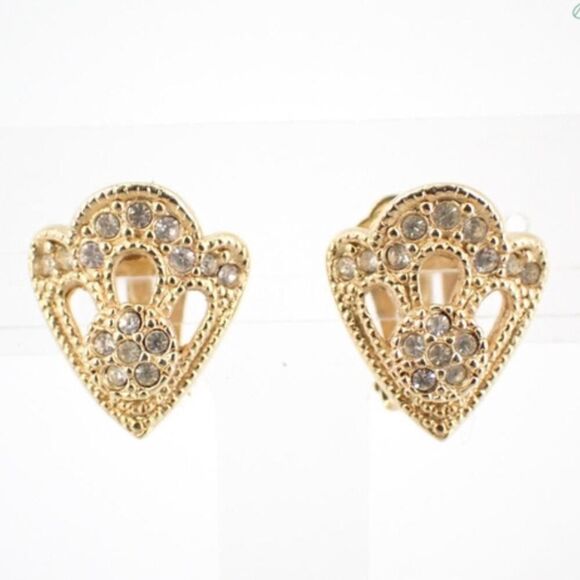 Vintage Christian Dior Gold Clip-On Earrings –Crystal Filigree, Signed, Pristine - Picture 1 of 3